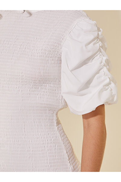 Take Two By Styli Smocked Ruched Sleeves Sheath Midi Dress