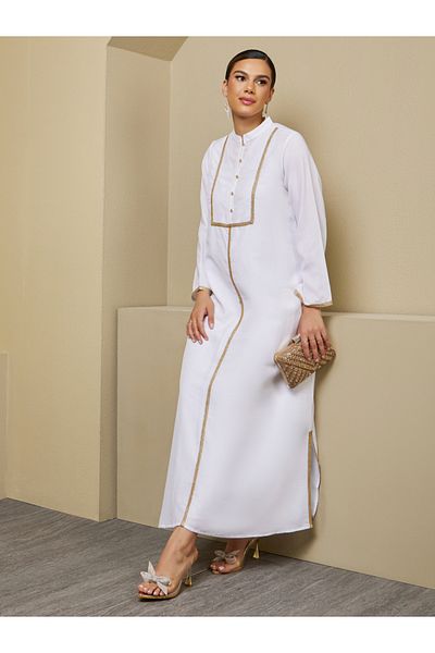 Styli Lace Detail Buttoned Mandarin Collar A-Line Jalabyia