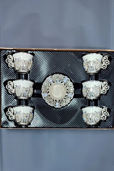 KT HOME Türk Kahvesi Sunum Seti 6 Kişilik Metal Kahve Fincan Takımı Kahve Fincanı 6 Lı Taşlı Süslemeli