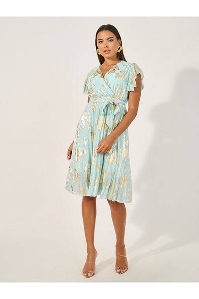 Styli Print Flared Sleeves Pleated Wrap Midi Dress