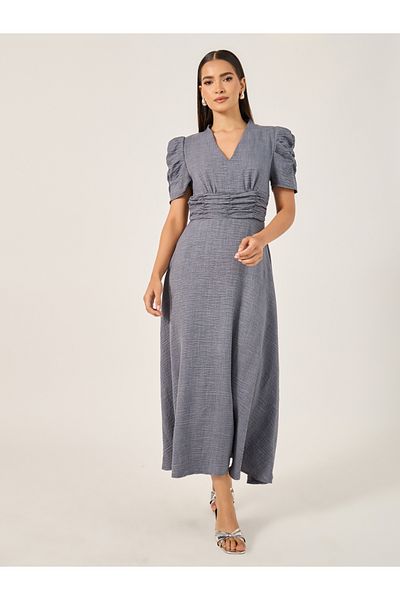 Styli Textured Ruched Sleeves A-Line Midi Dress