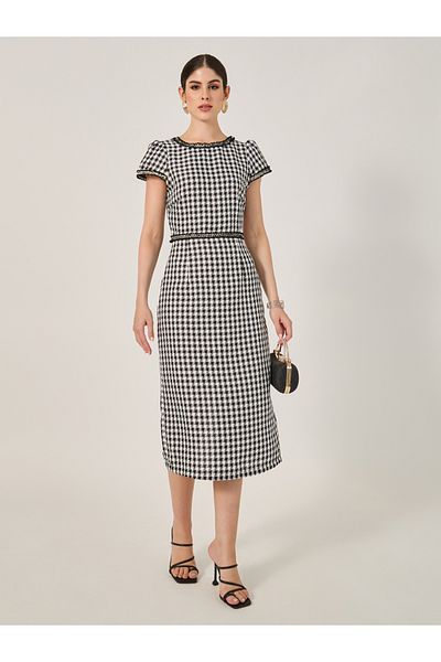 Styli Checked Short Sleeve Bodycon Midi Dress