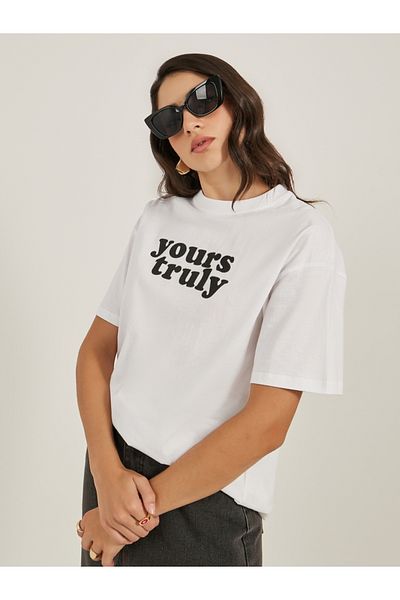 Styli Slogan Print Round Neck Oversized T-Shirt