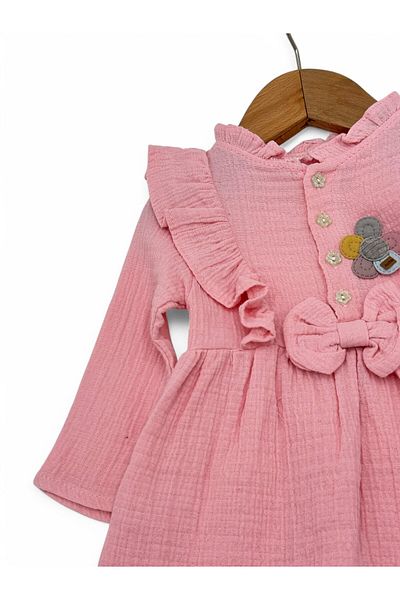 VEGAMOD Baby Girl Muslin Fisto Detail Bow Flowers Buttoned 6-9-12-18-24 Months Dress