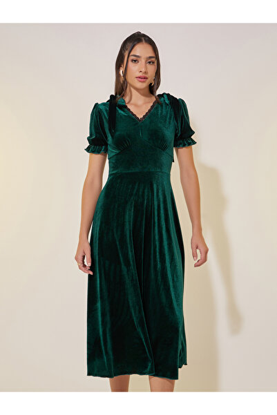 Take Two By Styli Solid Velvet Look V-Neck A-Line Midi Dress