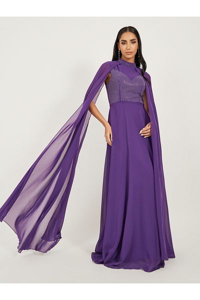 Styli Embellished Cape Sleeve A-Line Maxi Dress
