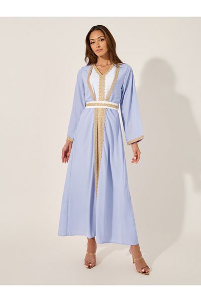 Styli Mesh Insert V-Neck Lace Detail Belted Kaftan