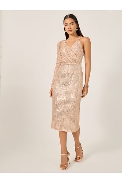 Styli Sequinned One Long Sleeve Sheath Midi Dress