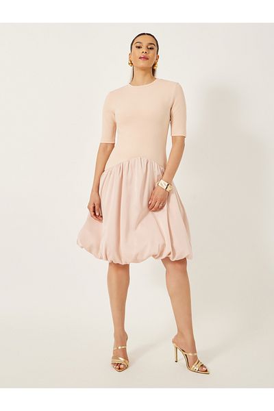 Styli Round Neck Balloon Hem A-Line Knee-Length Dress
