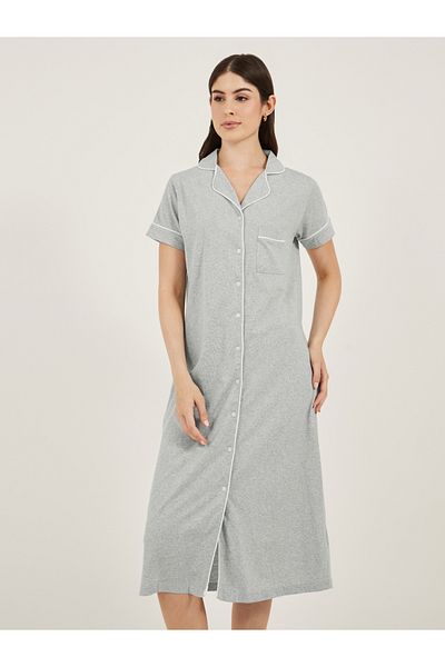 Styli Contrast Piping Buttoned Night Shirt with Pocket