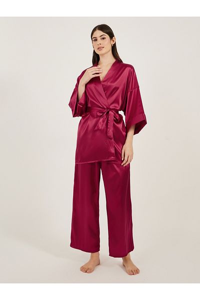 Styli Satin Tie Waist Kimono and Pyjama Set