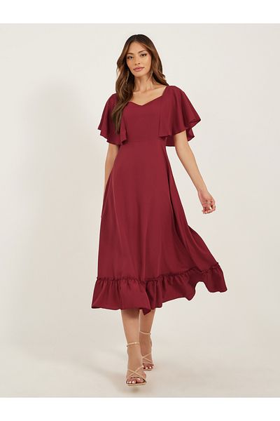 Styli Plain Solid Sweetheart Neck Half Sleeves A-line Midi Dress