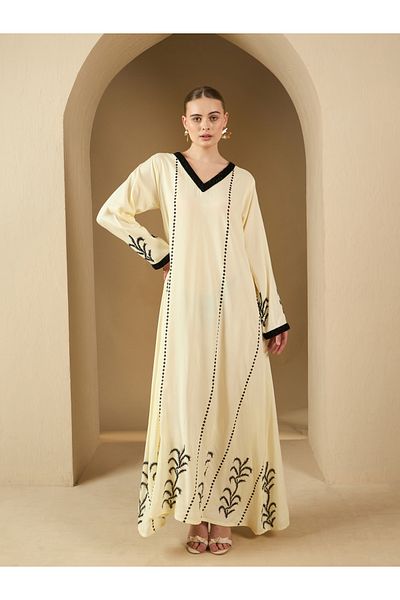 Styli Textured Contrast V-Neck Printed A-Line Jalabyia