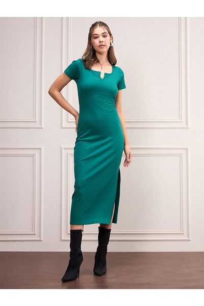 Sassafras By Styli Rib Notch Neck Bodycon Midi Dress