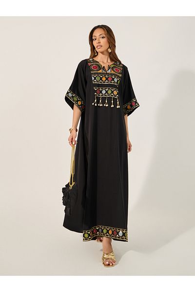 Styli Embroidered Notch Neck A-Line Jalabyia with Tassel Detail