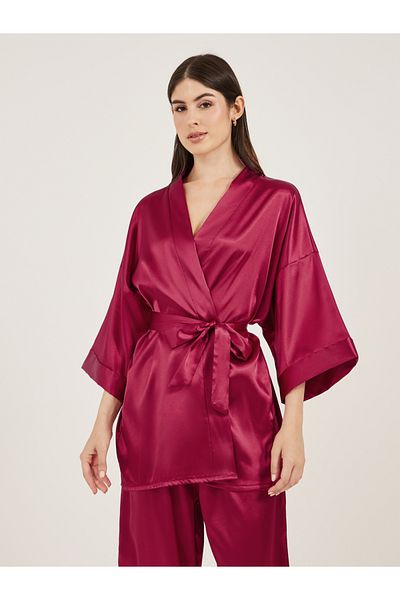 Styli Satin Tie Waist Kimono and Pyjama Set