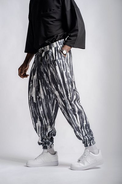 Superbluemexico Men's Patterned Wrinkled Smoked Baggy Trousers