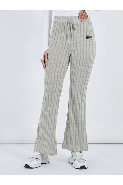 Styli High Rise Ribbed Flared Pants with Patch Detail