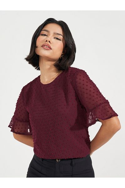 ARIA ROMANCE By Styli Swiss Dot Frill Sleeves Blouse