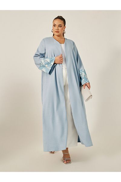 Styli Plus Size A-Line Front Open Abaya with Printed Tonal Detail