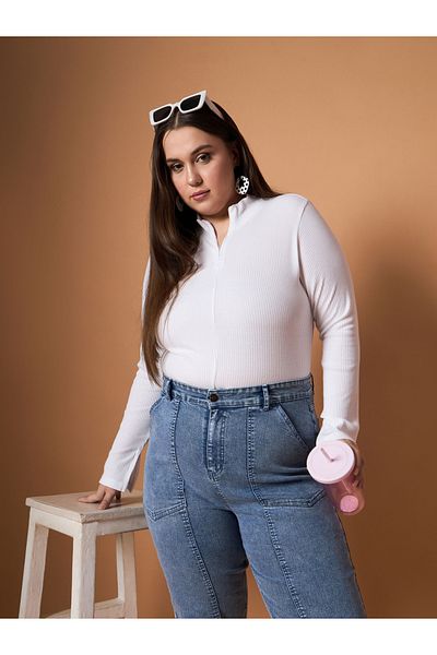 Sassafras By Styli Plus Size Rib Knit Front Zipper High Neck Top