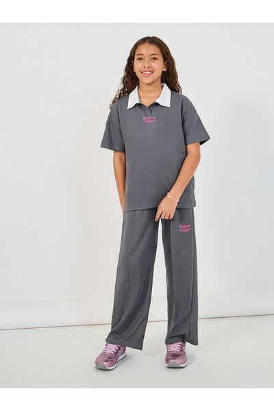 Styli Embroidered Short Sleeve Polo T-Shirt and Wide Leg Pintuck Joggers Co-Ords