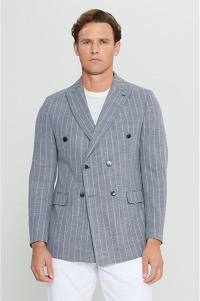ALTINYILDIZ CLASSICS Памучно яке Slim Fit Slim Fit с яка-лястовица, раирано, гъвкаво блейзър, тъмносиньо яке
