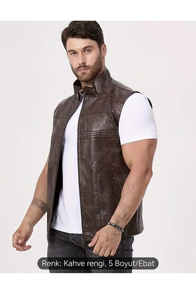 NYC GİYİM TEKSTİL Long Judge Collar Regular Fit Genuine Leather Vest