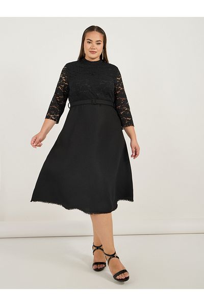 Styli Plus Size Lace Insert A-Line Midi Dress with Belt