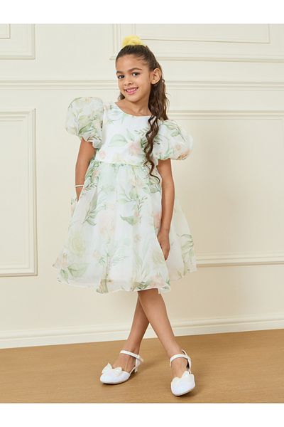 Styli Floral Print Organza A-Line Dress