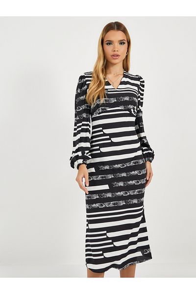 Styli All Over Print Balloon Sleeves Midi Dress