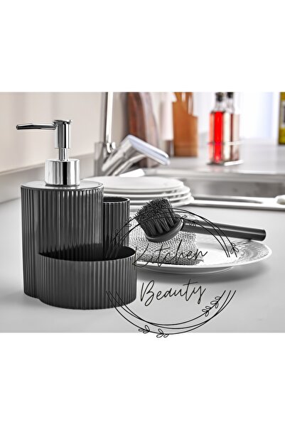 Kitchen Beauty Tezgah Üstü Mutfak Banyo Sıvı Sabunluk Takımı Süngerli Fırçalı Mutfak Sabunluk Seti