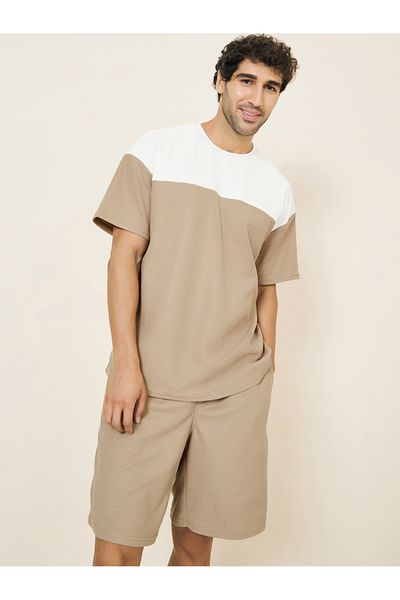 Styli Waffle Knit Colorblock Oversized T-Shirt and Shorts Co-Ords Set