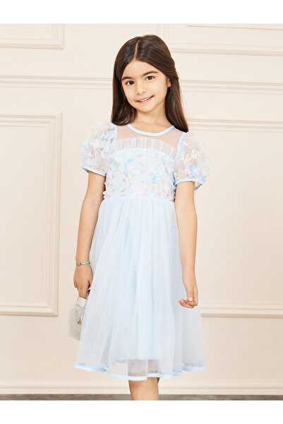 Styli Floral Applique Sequin Detail Mesh Layer Puff Sleeves Dress