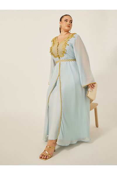 Styli Plus Size Lace Insert Kaftan with Waist Belt Detail