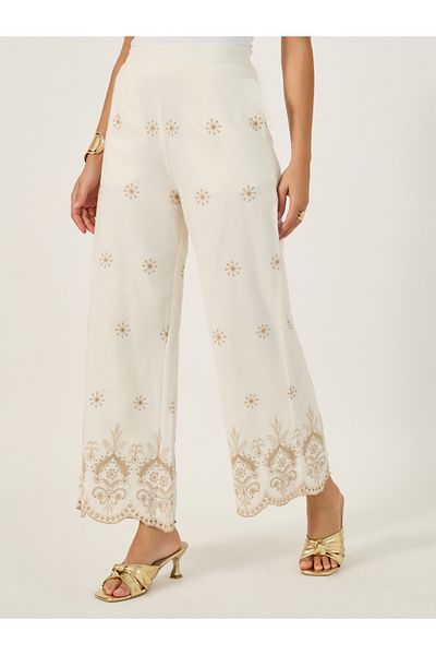 Styli Embroidered Mid Rise Relaxed Fit Pants with Scalloped Hem