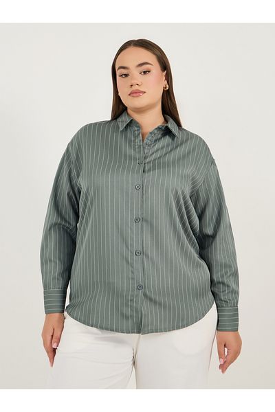 Styli Plus Size Oversized Striped Long Sleeve Shirt