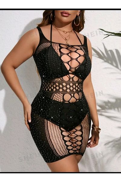 RENKLİFİRSATLAR Women's Strappy Large Size Matching Stone Fancy Nightgown Body Stockings