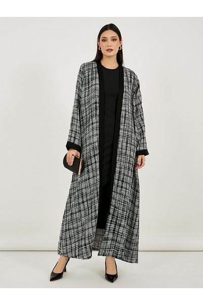 Styli Front Open Tweed Abaya with Contrast Cuff