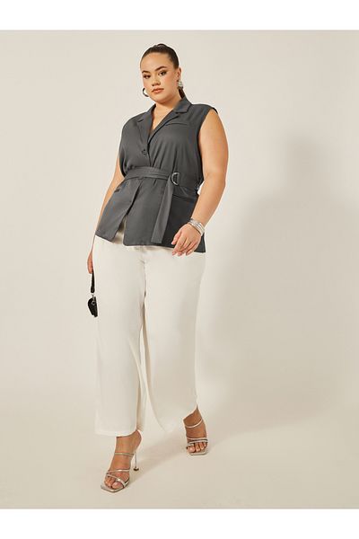 Styli Plus Size Notch Label Collar Waistcoat with Belt Detail