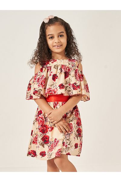 Styli All-Over Floral Print Cape Sleeve Dress with Belt