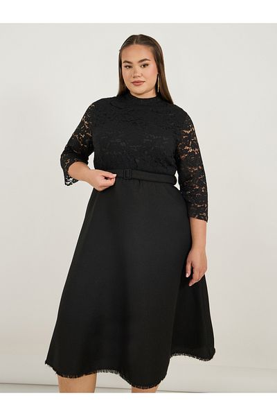 Styli Plus Size Lace Insert A-Line Midi Dress with Belt