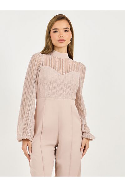 Styli Lace Detail Mesh Insert Wide Leg Jumpsuit