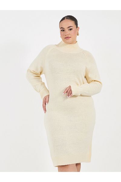 Styli Plus Size Long Sleeves Knitted Sweater Knee Length Dress