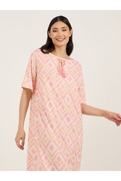 Styli Tie-Up Tassel Detail Neck Aztec Print Sleep T-Shirt Dress
