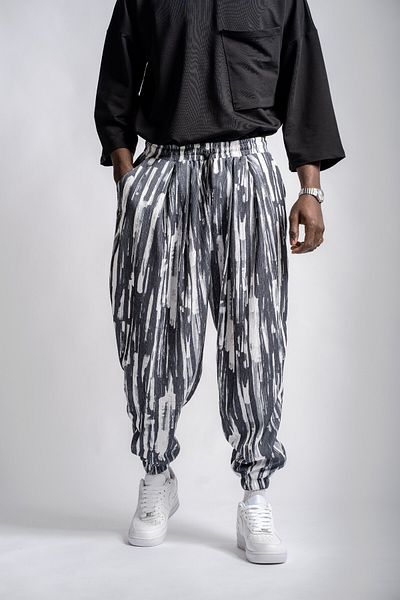 Superbluemexico Men's Patterned Wrinkled Smoked Baggy Trousers