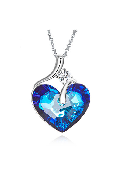 Monemel Kristal Taşlı Saks Mavi Kalp Kolye, Sevgiliye Hediye