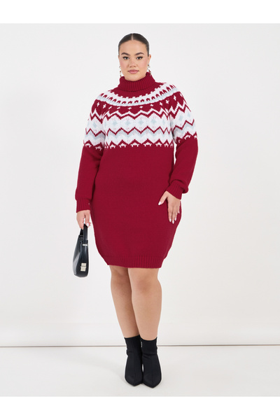 Styli Plus Size Geometric Pattern Knit Sweater Knee Length Dress