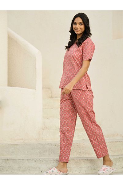 Sanskrutihomes By Styli Printed Notch Neck Cotton Top and Pyjama Set
