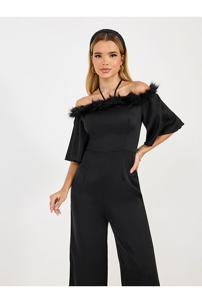 Styli Faux Feather Trim Wide Leg Jumpsuit